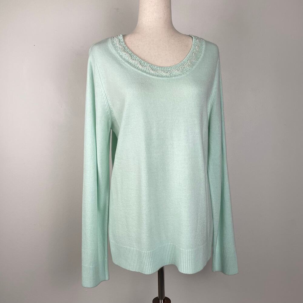 Vintage Carolyn Taylor Pearl Beaded Pullover Sweater Pastel Teal Blue Soft Knit